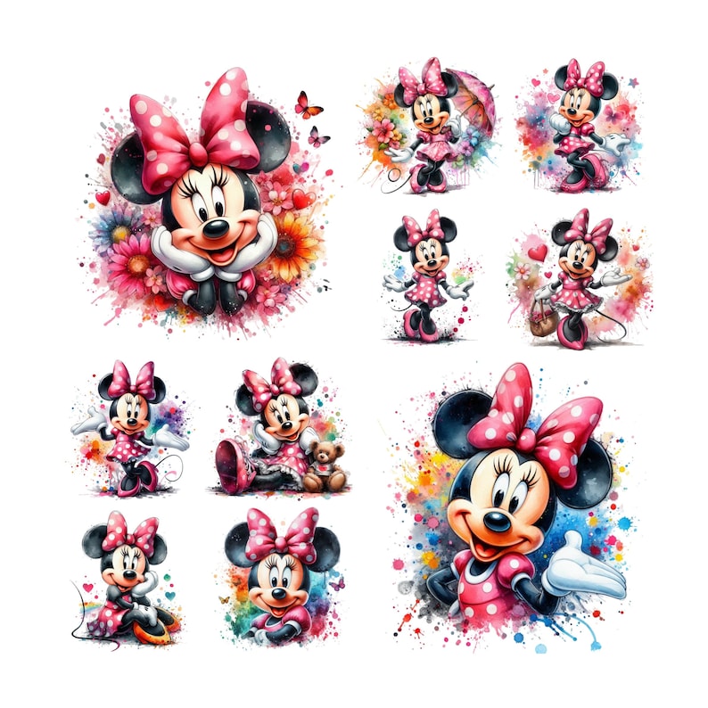 10 PNG Minnie Mouse Colour Splash Digital design PNG file for sublimation,High Resolution,Instant Digital PNG Download,Tshirt design,Clipart