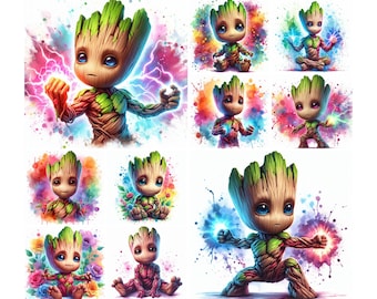 May include: A digital illustration of a green, brown, and red cartoon character with a large head and a small body. The character is in various poses, with a colorful background of watercolor splatters.