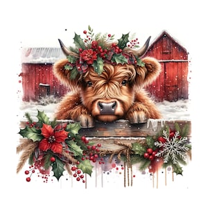 May include: A watercolor illustration of a Highland cow with a festive Christmas wreath and holly. The cow is peering over a wooden fence, with red barns and snow in the background. A charming holiday image.
