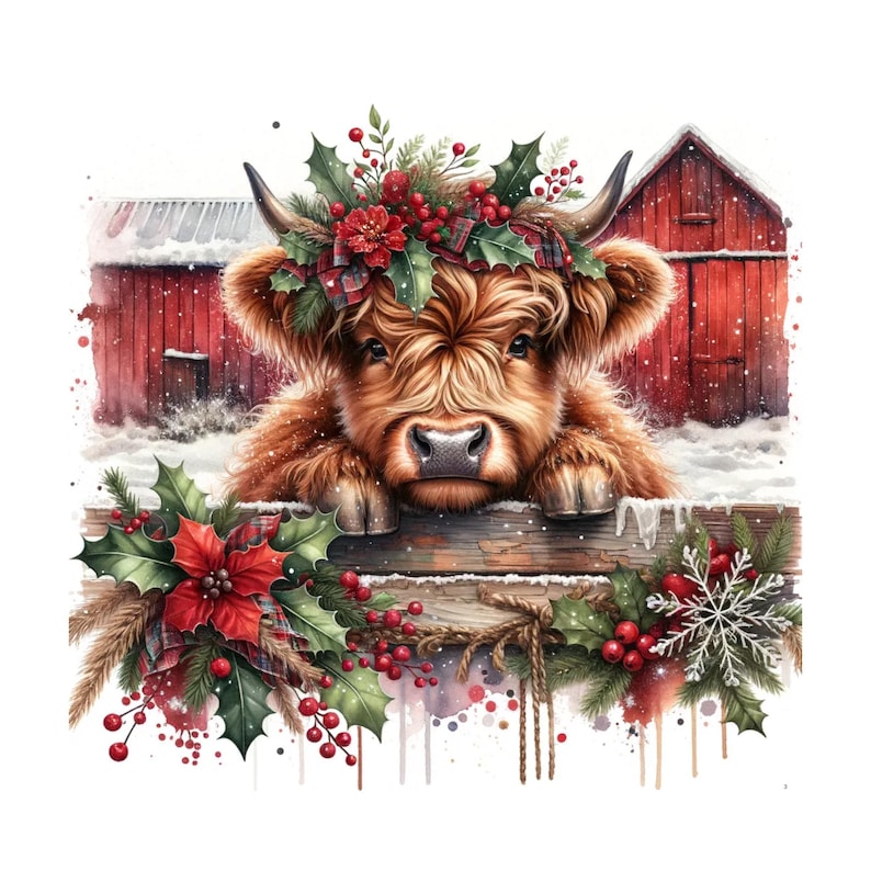 May include: A watercolor illustration of a Highland cow with a festive Christmas wreath and holly. The cow is peering over a wooden fence, with red barns and snow in the background. A charming holiday image.