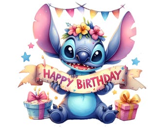 Stitch Happy Birthday Png, Birthday Party decorations, Set of high quality images ready to print,Instant download,Png format, Birthday