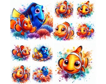 10 PNG Finding Nemo, Finding Dory Splash and Watercolor Digital design PNG file for sublimation, High Resolution, Instant Digital PNG