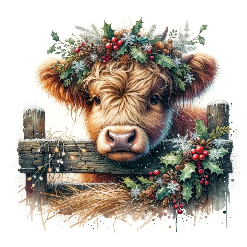 May include: A watercolor illustration of a Highland cow wearing a festive Christmas wreath of holly, berries, pinecones, and snowflakes. The cow is peering over a rustic wooden fence adorned with string lights, creating a charming holiday scene.