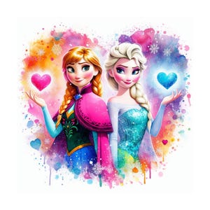 Anna and Elsa Frozen Splash and Watercolor Digital design PNG file for sublimation, High Resolution, Instant Digital PNG Download,Tshirt pod