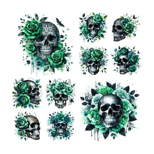 Lot de 10 têtes de mort florales noires et vertes, conceptions de png de tête de mort, clipart floral, fleurs, graphiques de papillon de nuit, fond transparent, ensemble de cliparts