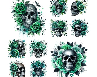 10 Black and Green Floral Skull Png bundle, Skull png designs, Floral clipart, Flowers, Moth graphics, Transparent background,Clipart Bundle