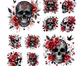 10 Red and Black Floral Skull Png bundle, Skull png designs, Floral clipart, Flowers, Moth graphics, Transparent background,Clipart Bundle