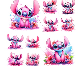 Könnte beinhalten: Ein Set aus neun digitalen Illustrationen mit einer pinkfarbenen Comicfigur mit großen blauen Augen und einem schelmischen Ausdruck. Die Figur ist in verschiedenen Posen vor einem Aquarellhintergrund mit pinkfarbenen und blauen Spritzern dargestellt.