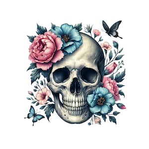 Bloemen schedel sublimatie clipart, schedel png-ontwerpen, bloemen clipart, bloemen, vlinder graphics, transparante achtergrond, trendy png