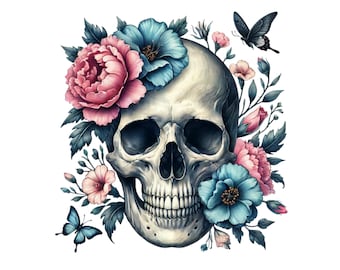 Floral Skull Sublimation Clipart, Skull png designs,Floral clipart, Flowers, Moth graphics, Transparent background, Trendy Png
