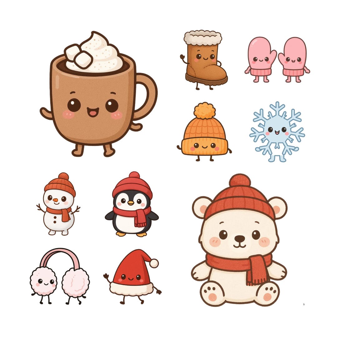 20 Kawaii Winter Animals Clipart Bundle | Cute Holiday PNG Set | Pastel