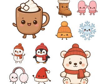20 Kawaii Winter Animals Clipart Bundle | Cute Holiday PNG Set | Pastel Xmas Stickers | Cute Winter Characters | Instant Download