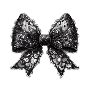 May include: A black lace bow with a sparkly finish. The bow is tied in a knot and has a large, central loop.