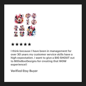 K&ouml;nnte beinhalten: Eine F&uuml;nf-Sterne-Bewertung mit Text, der die Kundenservice-F&auml;higkeiten von Millie BooDesigns lobt. Die Bewertung enth&auml;lt eine Aquarell-Illustration von Minnie Mouse, der Freundin von Mickey Mouse, in neun verschiedenen Posen.