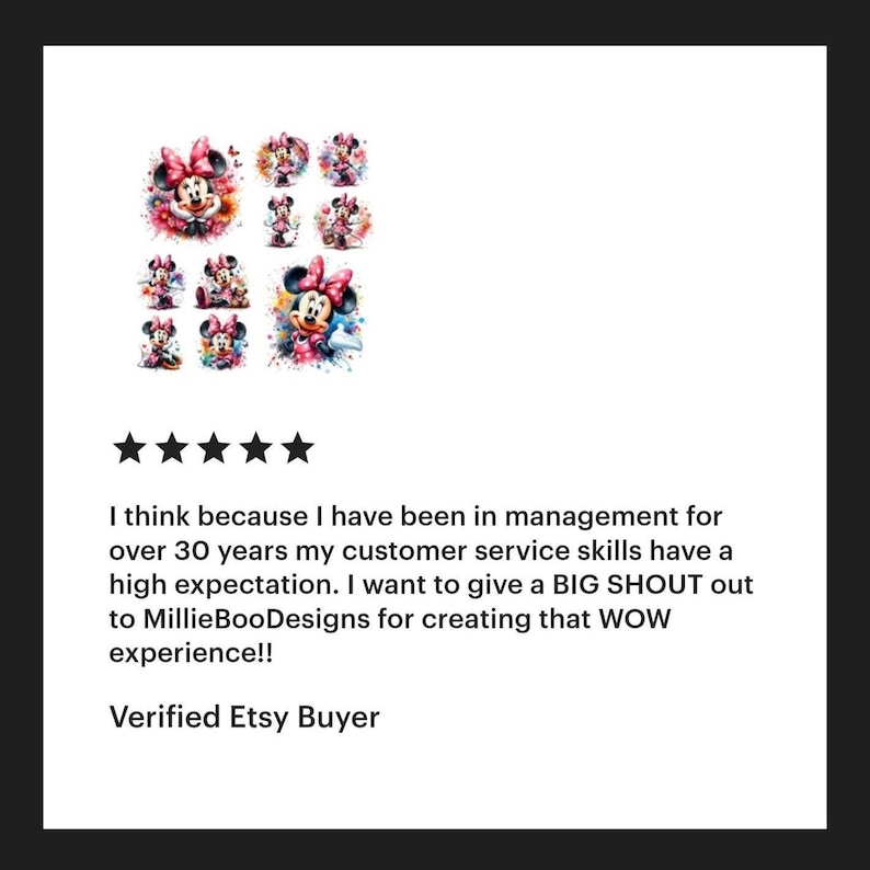 K&ouml;nnte beinhalten: Eine F&uuml;nf-Sterne-Bewertung mit Text, der die Kundenservice-F&auml;higkeiten von Millie BooDesigns lobt. Die Bewertung enth&auml;lt eine Aquarell-Illustration von Minnie Mouse, der Freundin von Mickey Mouse, in neun verschiedenen Posen.