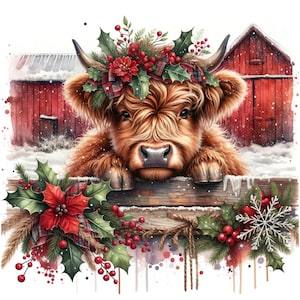 May include: A watercolor illustration of a Highland cow with a festive Christmas wreath and holly. The cow is brown and fluffy, with a red barn in the background. A wooden fence is in the foreground, decorated with Christmas greenery and berries.