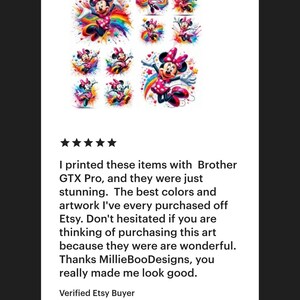 May include: A five-star review for a set of printable digital images featuring a cartoon character. The images feature a colorful rainbow background with a cartoon character in a red and white polka dot dress. The review text reads: "I printed these items with Brother GTX Pro, and they were just stunning. The best colors and artwork I've every purchased off Etsy. Don't hesitated if you are thinking of purchasing this art because they were are wonderful. Thanks Millie Boo Designs, you really made me look good. Verified Etsy Buyer"