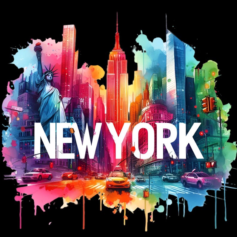 K&ouml;nnte beinhalten: Eine farbenfrohe Aquarell-Illustration der Skyline von New York City mit ikonischen Geb&auml;uden wie dem Empire State Building und der Freiheitsstatue. Das Bild zeigt ein lebendiges Regenbogen-Farbschema und den Text "NEW YORK" in Wei&szlig;.