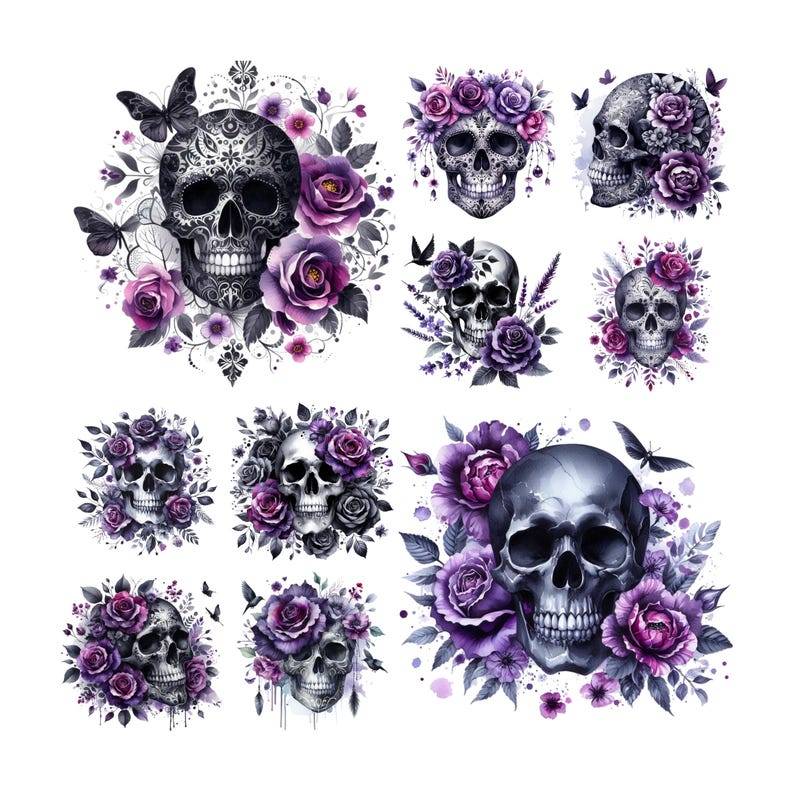 10 Purple and Black Floral Skull Png bundle, Skull png designs,Floral clipart, Flowers, Moth graphics, Transparent background,Clipart Bundle