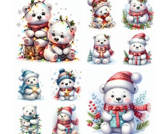 10 PNG, paquete de imágenes prediseñadas de oso polar navideño, imágenes prediseñadas de oso polar, imágenes prediseñadas de oso polar lindo, PNG de oso polar, descarga digital, PNG de Navidad
