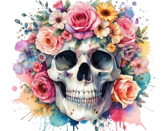 Imágenes prediseñadas de sublimación de calavera floral, diseños de calaveras PNG, imágenes prediseñadas florales, flores, gráficos de polilla, fondo transparente, imágenes prediseñadas, descarga digital