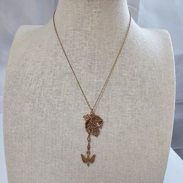 Vintage Signed NR Y Drop Dangling Bird Leaves Pink Crystals Necklace