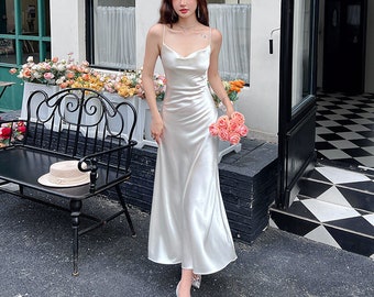 Robe de soirée en satin féerique à bretelles en acétate, robe de soirée, robe simple et élégante, robe de fiançailles, robe d'invitée de mariage, robe de mariée