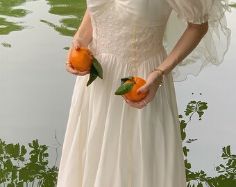 Long Skirt French Apricot First Love Dress Spring And Summer/wedding dress/Fairy Dress/Lace Dress/gothic dress