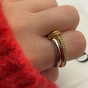Two toned mixed metal ring | interlocked connector fidget ring | gold plated stainless steel jewelry accessories modern chunky women gift
