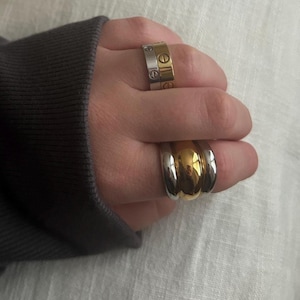 two tone stacked ring - mixed metal banded gold and silver ring gold plated stainless steel chunky jewelry for everyday water resistant