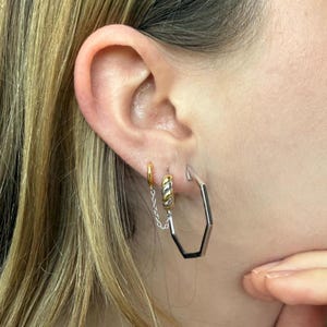 double piercing mixed metal earrings with chain | two hole earring | affordable drop chain | chain hoop earring | connected earrings