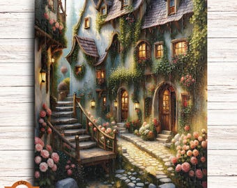 Cobblestone Village Jigsaw Puzzle, Artistic Ethereal Gnome Village Puzzle, Cottage Jigsaw Puzzle, Fairy Lovers Gift
