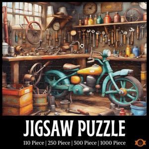 Motorcycle Workshop Jigsaw Puzzle, Motorcycle Puzzle, Motorbike Garage Jigsaw Puzzle, Cycle Shop, Motorcycle Art