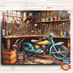 Motorcycle Workshop Jigsaw Puzzle, Motorcycle Puzzle, Motorbike Garage Jigsaw Puzzle, Cycle Shop, Motorcycle Art, 500 Piece