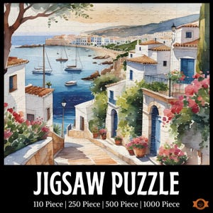 Summer In Spain Jigsaw Puzzle, Coastal Spanish Village Jigsaw Puzzle, Mediterranean, Watercolor Art, Travel Lovers Gift
