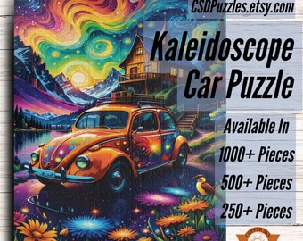 Kaleidoscope Retro Car 1000 Piece Puzzle, Vibrant Landscape Colorful Retro Car Jigsaw Puzzle, Psychedelic,Family Fun, 500/250 also available