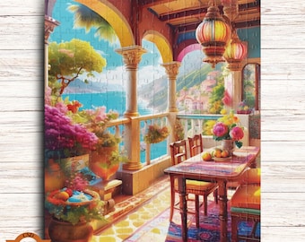 May include: A colorful jigsaw puzzle depicting a balcony overlooking a blue ocean with a table and chairs set for a meal. The balcony is decorated with flowers and lanterns.