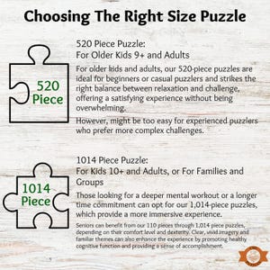 Our 520 piece puzzles are great for older kids age 9 and up and for adults. Our 1014 piece puzzles are great for kids age 10 and up, adults, and families or groups.