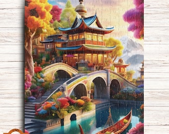 May include: A colourful illustration of a traditional Asian temple with a pagoda roof, surrounded by lush greenery and a bridge over a calm blue river. A small boat with a red sail floats on the water.