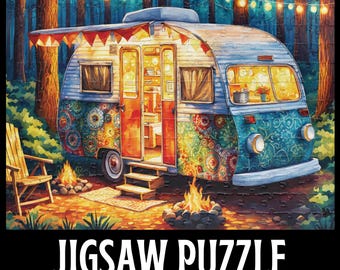 May include: A colourful jigsaw puzzle depicting a vintage campervan scene with a campfire, wooden chair, and fairy lights in a forest setting. The campervan has floral and geometric patterns. The puzzle's text reads "JIGSAW PUZZLE".