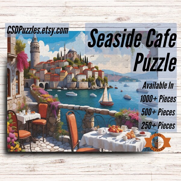 Seaside Cafe 1000 Piece Puzzle, Outdoor Cafe Jigsaw Puzzle, Tropical Boating, Mediterranean, Family Fun For All Ages, 500/250 also available