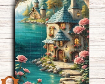 May include: A whimsical illustration of a blue and white cottage with a brown door and a stone path leading to it. The cottage is surrounded by lush greenery and pink roses. The cottage is situated on a lake with turquoise water.