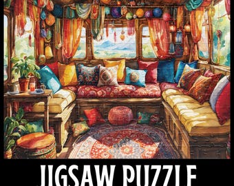 Bohemian Caravan Jigsaw Puzzle, Camping Lovers Gift, Vintage Camper Puzzle, Van Life Puzzle, Charming Art