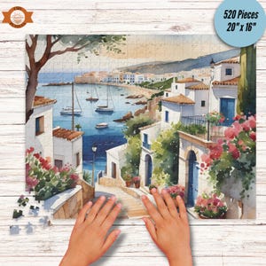 Summer In Spain Jigsaw Puzzle, Coastal Spanish Village Jigsaw Puzzle, Mediterranean Lovers Gift, Watercolor Art, Travel Puzzle, 500 Piece
