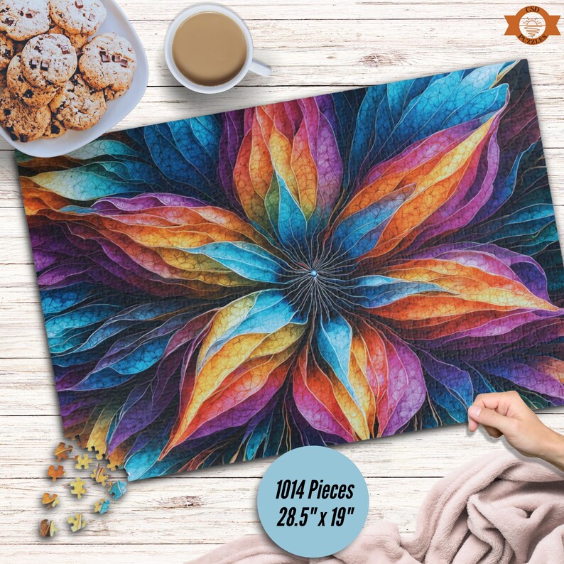 Intricate patterns and textures within each leaf add depth to the overall composition in this Cosmic Flower Jigsaw Puzzle.