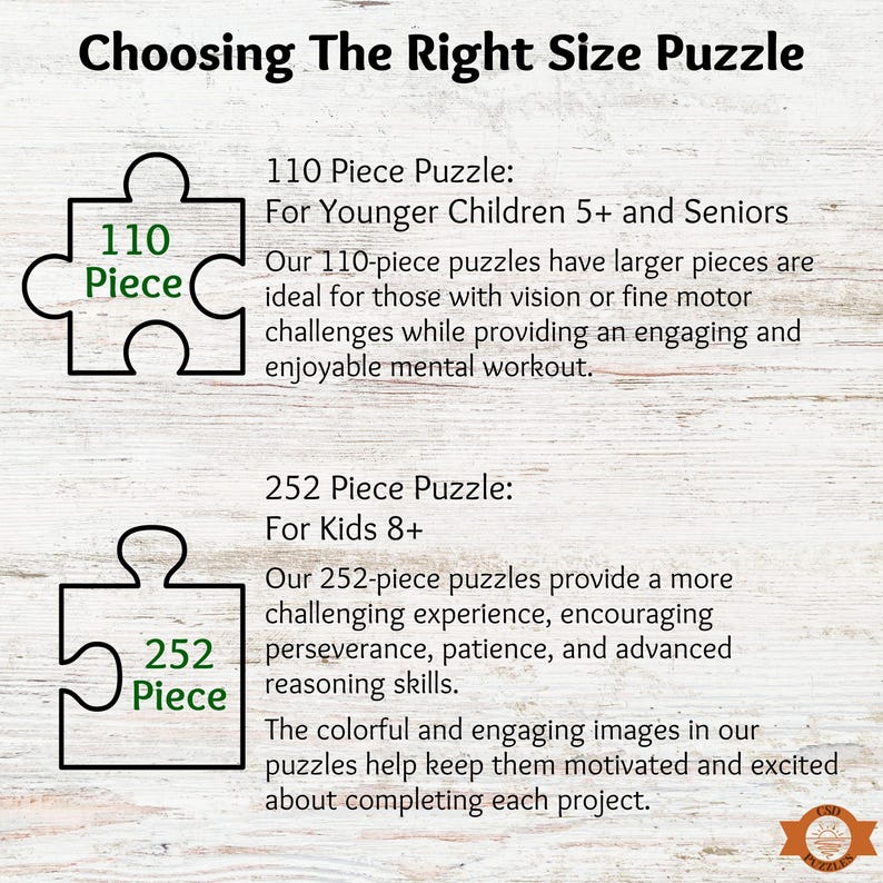 Our 110 piece puzzles are perfect for younger children ages 5 and up and for seniors. Our 252 piece puzzles are perfect for kids 8 and up.