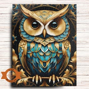 Gold Metal Owl Jigsaw Puzzle, Teal and Gold Owl Jigsaw Puzzle, Gold Filigree, Owl Lovers Gift Family Fun