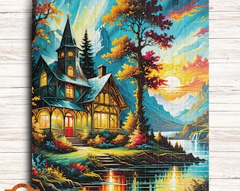 Lakeside Sunrise Jigsaw Puzzle, Vibrant Waterfront Cabin Jigsaw Puzzle, Beautiful Retreat, Nature Lovers Gift, 1000/500/250/110 Piece