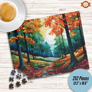 Natures Palette Jigsaw Puzzle features watercolor stained glass mosaic style nature walk through forest rolling hills during autumn. Fall foliage and pine trees line the walkway.