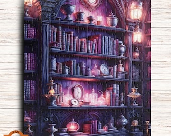 May include: A dark wooden bookshelf filled with books and antique bottles. The bookshelf is decorated with ornate carvings and has a gothic style. There are several lanterns and candles illuminating the shelves.